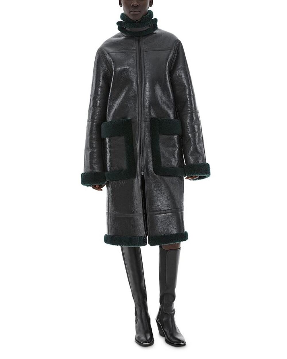 Helmut Lang Patent Green Shearling Coat Size XS